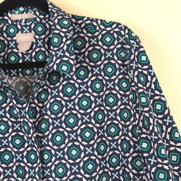 Chico's No Iron Cotton Square-Print Stain Shield 3/4 Length Sleeve Blouse Top - Picture 4 of 11